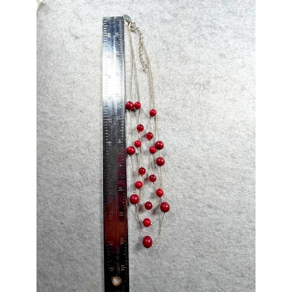 Vintage Y2K Red Beaded Triple Strand Necklace Silver Tone Statement Jewelry